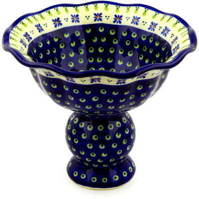Polish Pottery Bowl with Pedestal 9&quot; Green Gingham Peacock