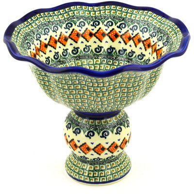 Polish Pottery Bowl with Pedestal 9&quot; Green Mosaic UNIKAT
