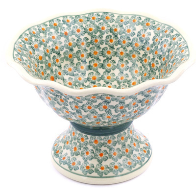 Polish Pottery Bowl with Pedestal 9&quot; Orange Blossoms
