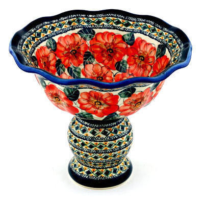 Polish Pottery Bowl with Pedestal 9&quot; Peach Poppies UNIKAT
