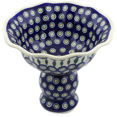 Polish Pottery Bowl with Pedestal 9&quot; Peacock Leaves