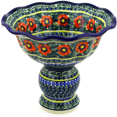 Polish Pottery Bowl with Pedestal 9&quot; Poppies All Around UNIKAT
