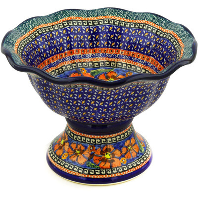 Polish Pottery Bowl with Pedestal 9&quot; Poppies UNIKAT