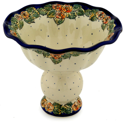 Polish Pottery Bowl with Pedestal 9&quot; Red Cabbage Roses