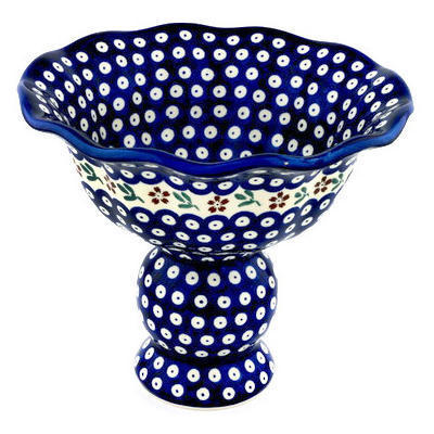 Polish Pottery Bowl with Pedestal 9&quot; Red Daisy Peacock