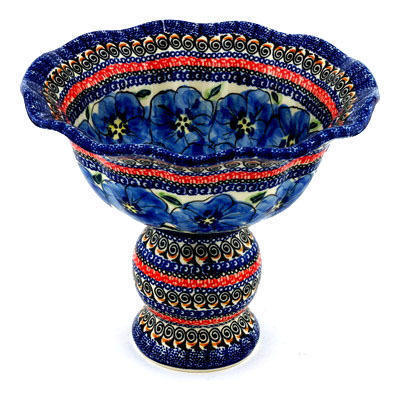 Polish Pottery Bowl with Pedestal 9&quot; Regal Bouquet UNIKAT