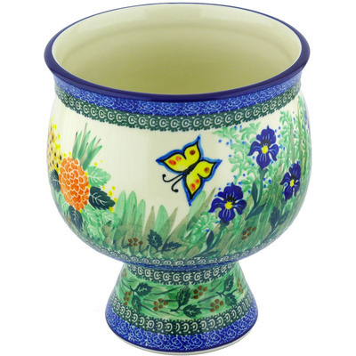 Polish Pottery Bowl with Pedestal 9&quot; Spring Garden UNIKAT