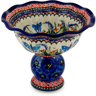 Polish Pottery Bowl with Pedestal 9&quot; Spring Splendor UNIKAT