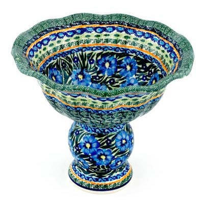 Polish Pottery Bowl with Pedestal 9&quot; Texas Poppy UNIKAT