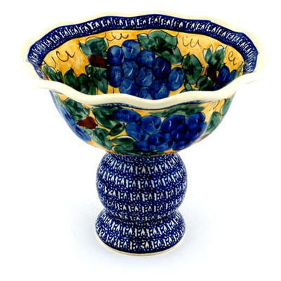 Polish Pottery Bowl with Pedestal 9&quot; Tuscan Grapes