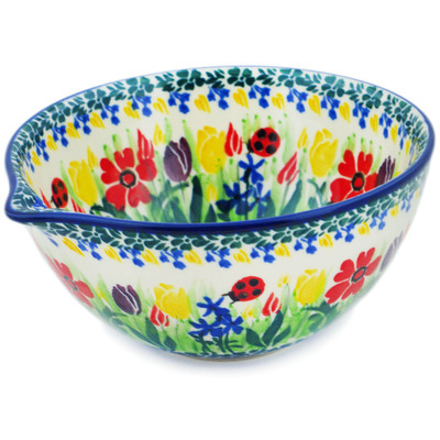 Polish Pottery Bowl with Spout 6&quot; Lady Bug Tulips UNIKAT