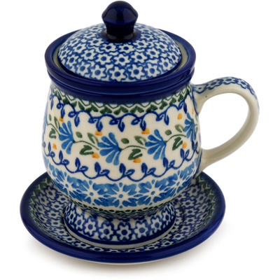 Polish Pottery Brewing Mug 10 oz Blue Fan Flowers
