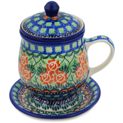 Polish Pottery Brewing Mug 10 oz Red Impatiens UNIKAT