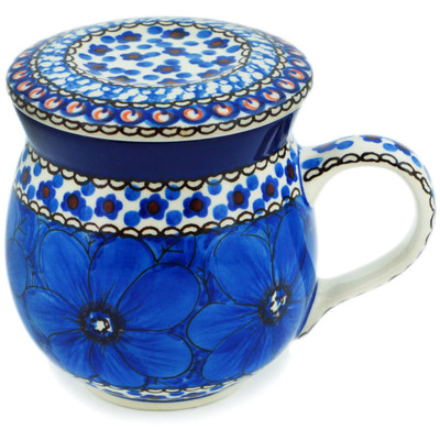 Polish Pottery Brewing Mug 11 oz Cobalt Poppies UNIKAT