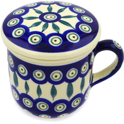 Polish Pottery Brewing Mug 12 oz Peacock Leaves