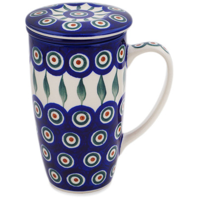 Polish Pottery Brewing Mug 13 oz Peacock Leaves