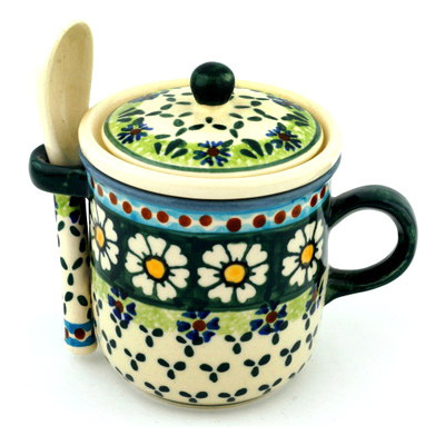 Polish Pottery Brewing Mug with Spoon 10 oz Green Daisy