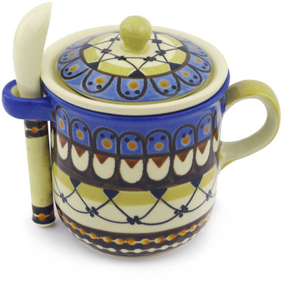 Polish Pottery Brewing Mug with Spoon 10 oz Happy Penguins UNIKAT