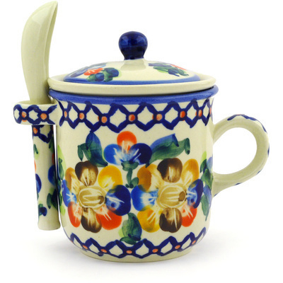 Polish Pottery Brewing Mug with Spoon 10 oz Lace Collar UNIKAT