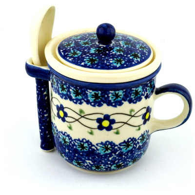 Polish Pottery Brewing Mug with Spoon 10 oz Marguerite Daisy