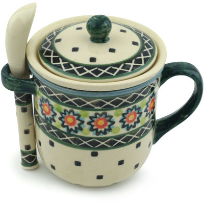 Polish Pottery Brewing Mug with Spoon 10 oz Sunburt Circle