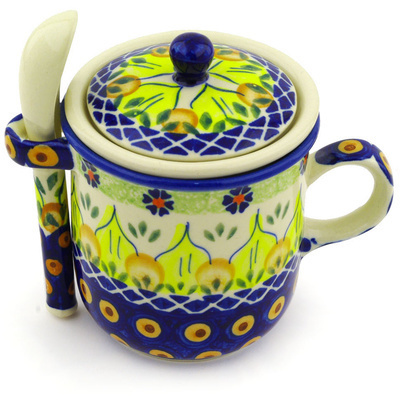 Polish Pottery Brewing Mug with Spoon 10 oz Sunflower Power UNIKAT