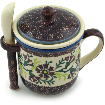 Polish Pottery Brewing Mug with Spoon 10 oz Sweet Purple Floral