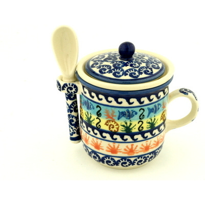 Polish Pottery Brewing Mug with Spoon 10 oz UNIKAT