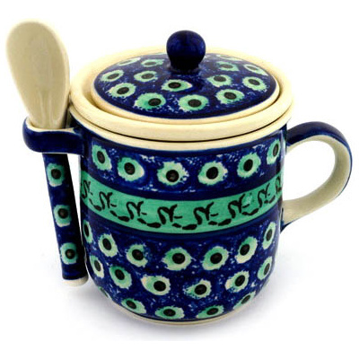 Polish Pottery Brewing Mug with Spoon 10 oz UNIKAT