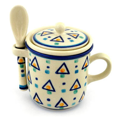 Polish Pottery Brewing Mug with Spoon 10 oz UNIKAT