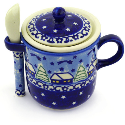 Polish Pottery Brewing Mug with Spoon 10 oz Village Stars UNIKAT