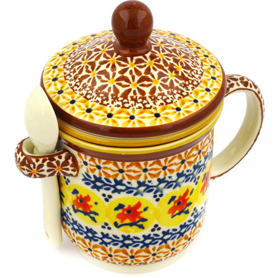Polish Pottery Brewing Mug with Spoon 12 oz Autumn Festival