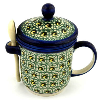 Polish Pottery Brewing Mug with Spoon 12 oz Avocado