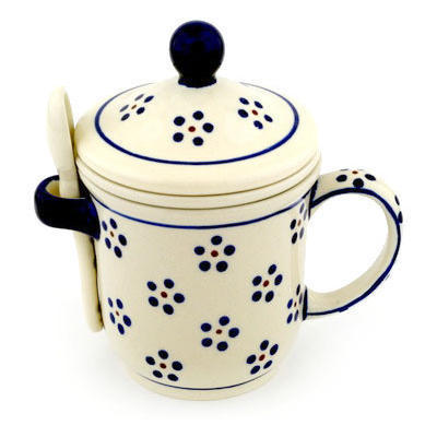 Polish Pottery Brewing Mug with Spoon 12 oz Daisy Dots