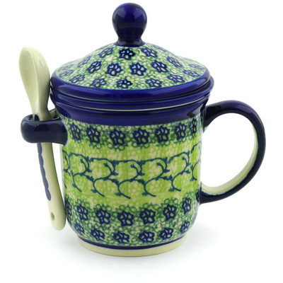 Polish Pottery Brewing Mug with Spoon 12 oz Emerald Forest