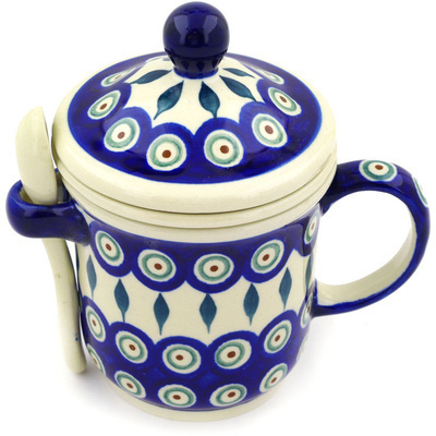 Polish Pottery Brewing Mug with Spoon 12 oz Peacock Leaves