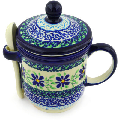 Polish Pottery Brewing Mug with Spoon 12 oz Sweet Violet