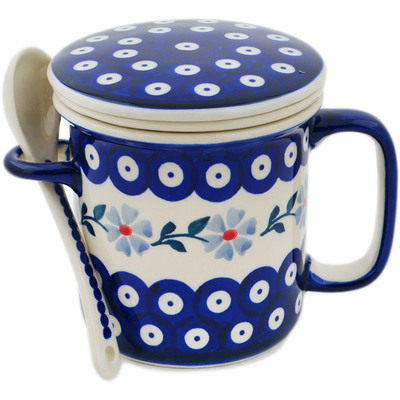 Polish Pottery Brewing Mug with Spoon 9 oz Peacock Forget-me-not