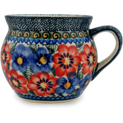 Polish Pottery Bubble Mug 10 oz Blue And Red Poppies UNIKAT