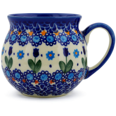 Polish Pottery Bubble Mug 11 oz Blue Tulip Garden UNIKAT