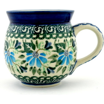 Polish Pottery Bubble Mug 12oz Blue Daisy Garden UNIKAT