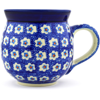 Polish Pottery Bubble Mug 12oz White Flowers On Blue