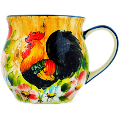 Polish Pottery Bubble Mug 13 oz Country Rooster Meadow UNIKAT