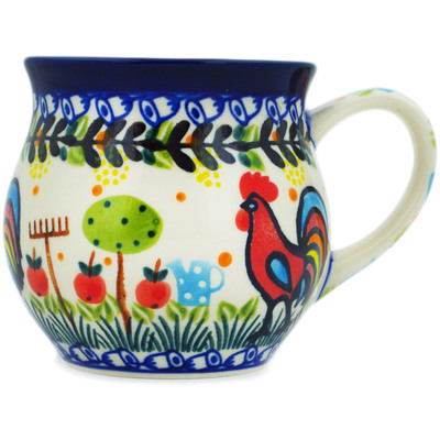 Polish Pottery Bubble Mug 13 oz Rooster In Garden UNIKAT