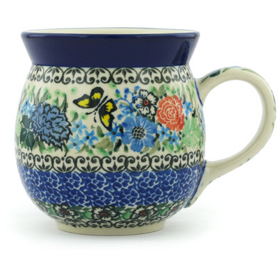 Polish Pottery Bubble Mug 16 oz Baby&#039;s Breath Butterfly UNIKAT