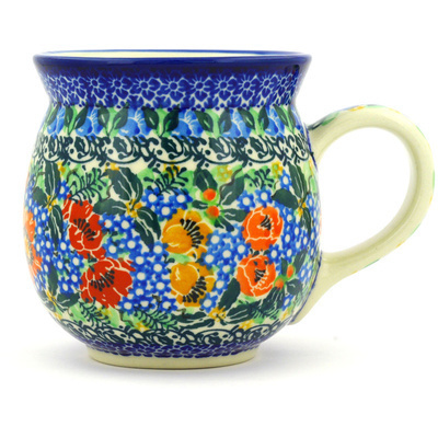 Polish Pottery Bubble Mug 16 oz Blue Daisy Bouquet UNIKAT