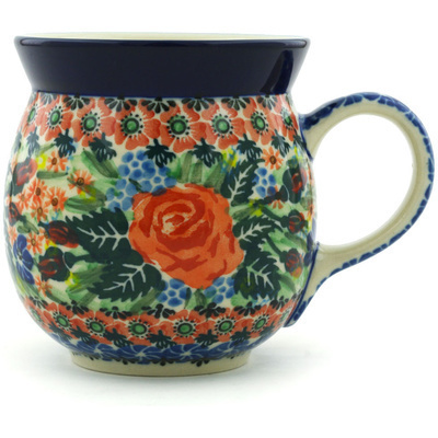Polish Pottery Bubble Mug 16 oz Blue Ribbon Roses UNIKAT