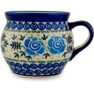 Polish Pottery Bubble Mug 16 oz Lady Blue Roses UNIKAT