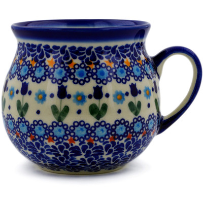 Polish Pottery Bubble Mug 20 oz Blue Tulip Garden UNIKAT