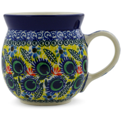 Polish Pottery Bubble Mug 8 oz Yellow Peacock Flowers UNIKAT